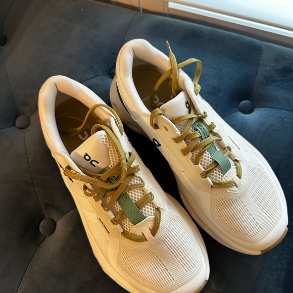 On Running White Sneakers with Green and Tan Accents - Picture 4 of 4